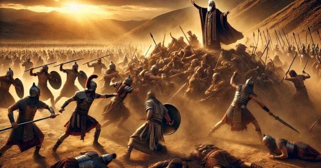 An intense ancient battle scene between the Israelites and the Amalekites, with warriors clashing in a desert landscape. In the background, Moses stands on a hill with his arms raised, supported by Aaron and Hur, symbolizing divine intervention in the battle.