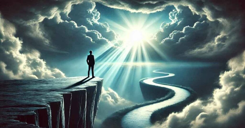 A contemplative person standing on the edge of a cliff, looking toward a bright light breaking through the clouds. A winding path in the background symbolizes the journey from doubt to faith, representing a stronger relationship with God.
