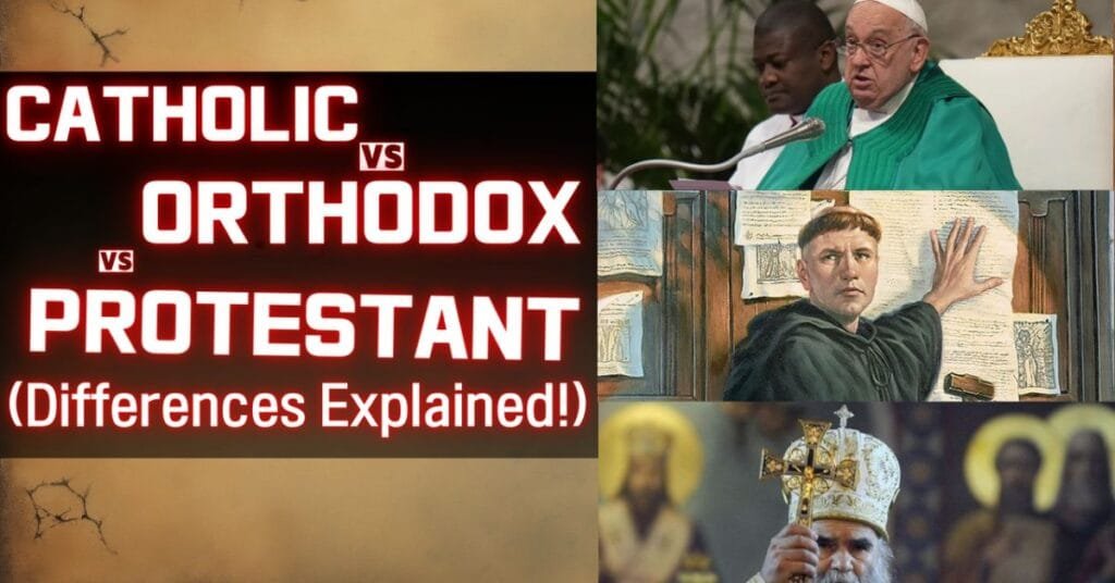 A visual representation of the differences between Protestant, Catholic, and Orthodox Christianity, featuring key beliefs, historical context, and doctrinal variations.