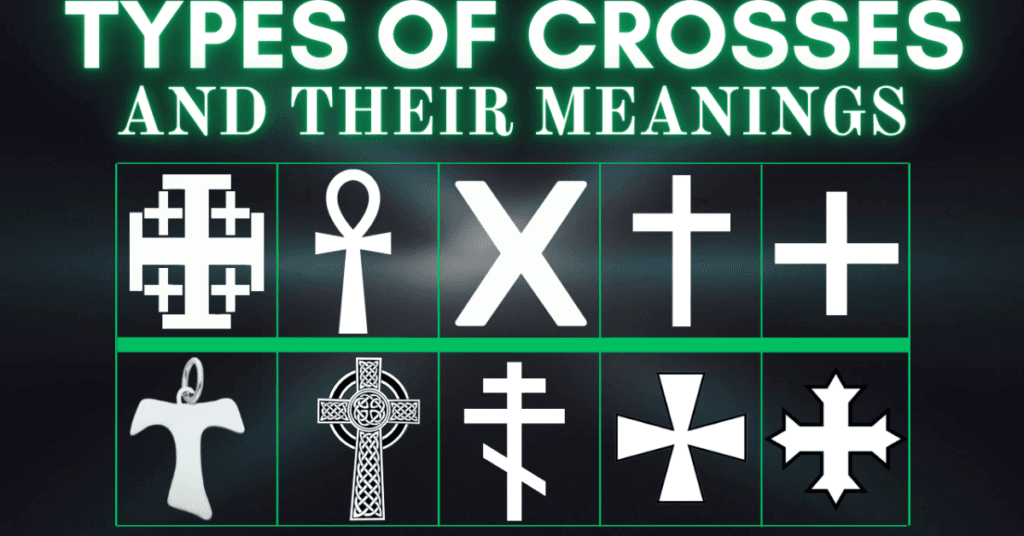 An illustration of different types of crosses with their biblical meanings, explaining their significance in Christianity.
