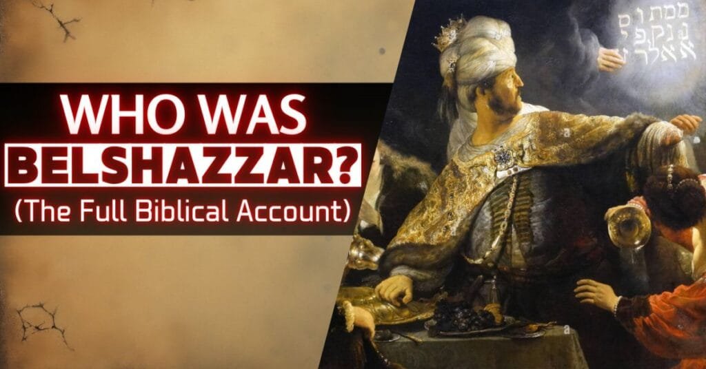 An artistic depiction of King Belshazzar's feast, showing the moment when a mysterious hand writes on the wall, foretelling the fall of Babylon as recorded in Daniel, Chapter 5